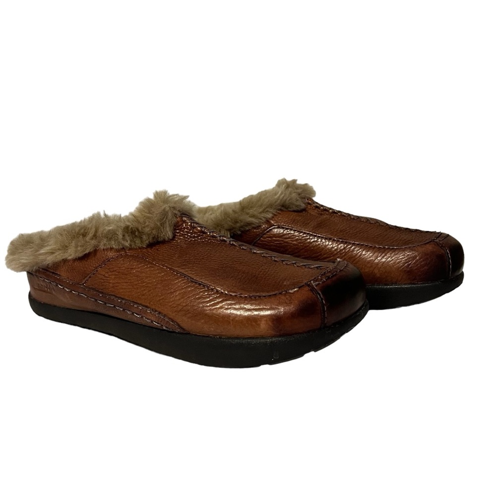Earth Kalso Technology Size 8 Cream Furry Brown Leather Slide Clog